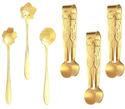 6 Pcs Mini Serving Tongs Rose Stainless Sugar Cube Tongs with Flower Spoon Coffee Teaspoon Stirring Spoon for Tea and Coffee Party, Desserts(Gold)