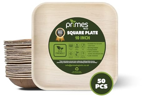PRIMES ECO 10 50 Pack Square Disposable Palm Leaf Plates for Party | For Hot Food | Microwave & Oven Safe | Weddings, Picnics, BBQ | Strong, Eco Friendly, Compostable Wooden, Bamboo Plates