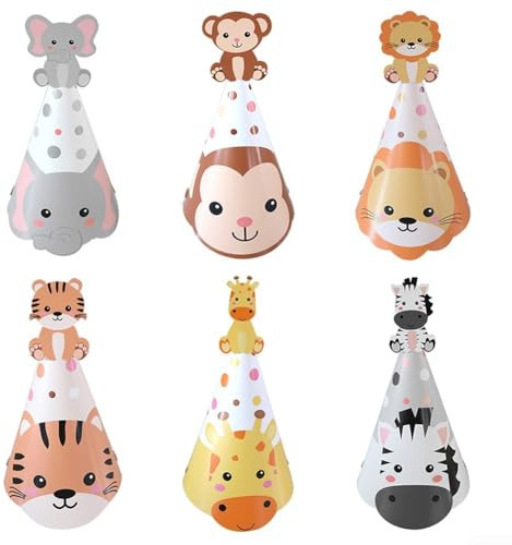 6 sombreros de fiesta temáticos de selva de animales del bosque, bonitos y coloridos diseños de safari, material de papel resistente