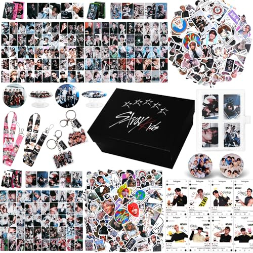 383Pcs Stray Kids Merch Gift Box Set Including Photocard Holder, 3 Styles 165 Postcards, 200 Stickers, 8 Transparent Cards, 2 Keychain, 2 Lanyards, 2 Badges and Phone Ring Holder for Skz'Fans