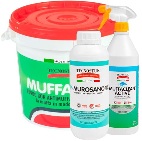 Tecnostuk Muffa K.O. 3L + Muffaclean Active Spray 1L + Murosanofix 1L Azione Antimuffa Applicazione Facile per Muri e Pareti in Ambienti Interni ed Esterni Made in Italy - Set da 3