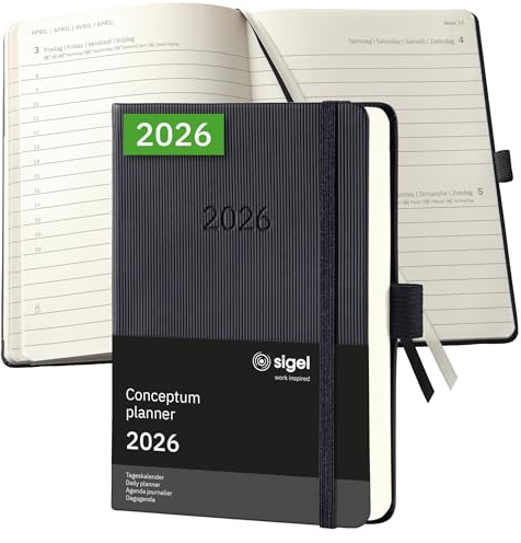 SIGEL C2611 Terminplaner Tageskalender 2026, ca. A6, schwarz, Hardcover, 400 Seiten, Gummiband, Stiftschlaufe, Archivtasche, aus nachhaltigem Papier, Kalenderbuch Conceptum