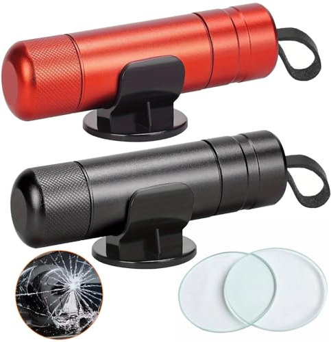 2 Piezas Martillo Seguridad con 2 Base y 2 Vidrio Prueba, Rompe Cristales Automóvil, Cortador Cinturon, Martillo Emergencia Coche, Herramienta Rompecristales para Autobuses,Otros Vehículos(Rojo+Negro)