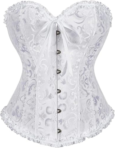 AMateschitz Femme Corset Gainant Poitrine Complète Bustier Corsage Top Gothique Bustier Corset à Lacets Impression Florale Vintage Fermeture Devant Shaper de Corps Corset Sous-Poitrine Blanc, Blanc