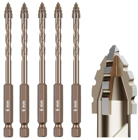 Juego de 5 brocas dentadas para mampostería (1/4 a 6 mm), acero de alta velocidad recubierto de titanio, diseño de flauta excéntrica para taladrar en seco hormigón, azulejos, vidrio, ladrillo y metal