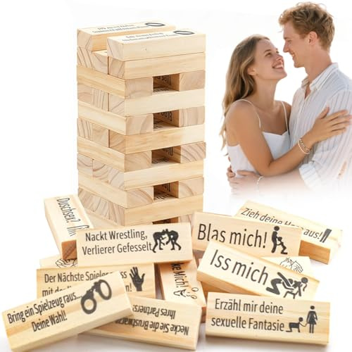 FARYODI Lust Tower Blocks Juegos para parejas 48 bloques de madera, torre de bloques de amor torre apilable alrededor del día de San Valentín, con preguntas y desafíos de verdad o desafíos para