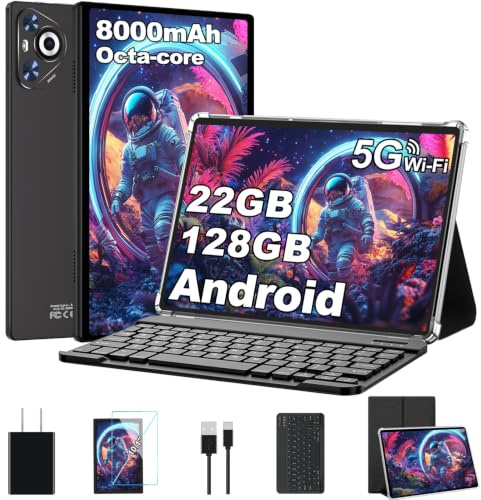 Dghrti Tablette Android Tablet Tactile, 8000mAh, 22Go RAM + 128Go ROM/WiFi 5G+2.4G, 8-Cores, BT5.0, 8MP+5MP, Widevine L1, GMS Certified/Contrôle Parental, Tablette Avec Clavier Souris- Noir