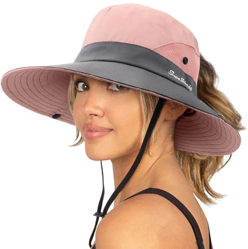DRESHOW Women Sun Hat Outdoor UV Protection Hat Foldable Mesh Wide Brim Fishing Ponytail Beach Bucket Hats