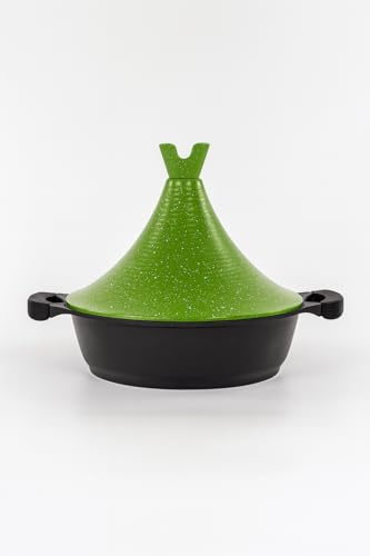 RSK Goods Moroccan Tagine Pot – Cast Aluminium Base with Non-Stick Marble Coating – Oven Safe & Dishwasher Friendly – Compatible with All Hob Types- 30cm/ 4.3 Litre - Red, Green, Yellow Funnel Lid