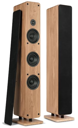 Audizio ARCO Passive Pair Floor Standing HiFi Tower Speakers, 160W Passive Speakers, 3x 4 Woofers & 1 Dome Tweeter, Removable Face Plate, Gold-Plated Terminals, Light Wood Finish, Home Audio