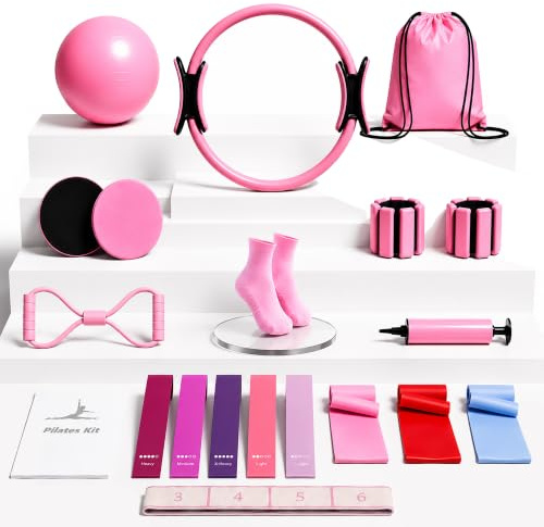 MARKIVO 21 pcs Home Pilates Kit For women - 1x 14 Magic Circle Ring, 1x 9.8 Ball, 2x Core Sliders, 2x Wrist Weights, 3x Long Stretch & 5x Resistance Bands, 1x Non-Slip Socks, Strap, Fig 8 Band, Bag