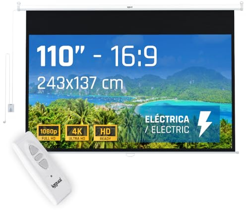 Iggual Pantalla Proyección 110 Pulgadas Eléctrica Enrollable -Panorámica 16:9 -Caída Ajustable -Mando Distancia e Interruptor Aux- Apto Pared/Techo -Compatible 4k y Cualquier Proyector (243x137 cm)