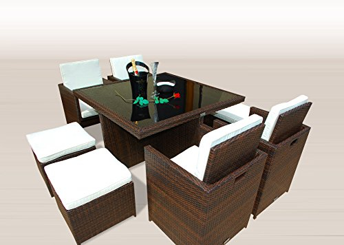 Ragnarök-Möbeldesign PolyRattan - DEUTSCHE Marke - EIGNENE Produktion - 8 Jahre GARANTIE auf UV-Beständigkeit Gartenmöbel Essgruppe Tisch + 4 Stuhl Braun Hocker 12 Polster