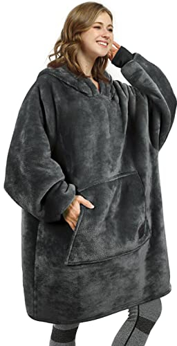 Oversized Hoodie Blanket, Warm Gifts for Women Men, Fluffy Sherpa Wearable Hooded Sweatshirt Blanket, Giant Hoodies Sweater with Front Pocket for Adults Friends, Grey
