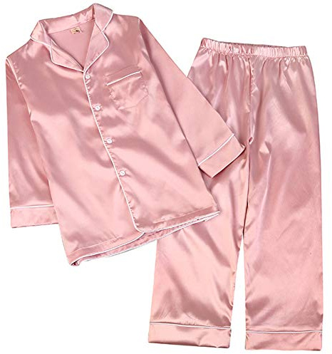 amropi Pijama de Familia Manga Larga Pijamas de satén 2 Piezas Ropa de Dormir para Mujer Niñas Rosa,3-4 años