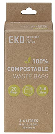 EKO 3-6 Litre Compostable Bin Bags for Food Waste Caddies, Leakproof and Tear-Resistant, Unscented Food Waste Bags, 20 Count, Code A, White