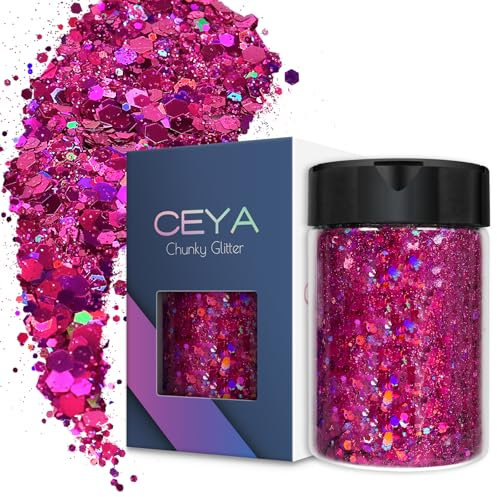 Ceya Holographischer grober Glitzer, 120 g, Fuchsia-Glitzerpulver, gemischte dicke und feine Flocken, schillernde Nagel-Pailletten für Nagelkunst, Haare, Epoxidharz, Becher, Festival-Dekoration