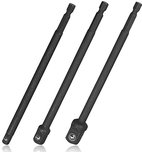 Mesee 3-Piece Impact Grade Socket Adapter Set, 150mm Extension Bar - 1/4 Hex Shank to Square Socket Extension Drill Bit Set - 1/4, 3/8, 1/2 Square Drive