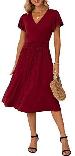 GRECERELLE Womens Summer Wrap Dress Ladies Casual Ruffle Short Sleeve V-Neck Floral Beach Dresses for Women (03 Wine Red, L)