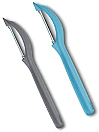 Victorinox Sparschäler Set, 2-tlg. Karibikblau & Cool Grey - Schäler für Gemüse, Obst, Zackenschliff, Zweischneidig, Extra Scharf, Swiss Made