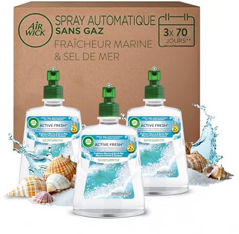 Air Wick Désodorisant Maison Spray Automatique Sans Gaz Active Fresh - 3 Recharges Parfum Fraîcheur Marine & Sel de Mer
