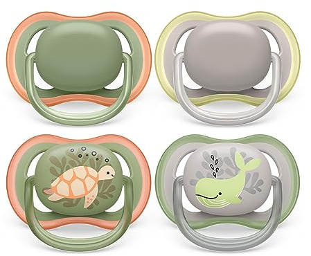 Philips Avent Ultra Soother - 4 x Light, Breathable Baby Soothers for Babies Aged 6-18 Months, BPA Free with Steriliser Carry Case (Model SCF085/66)