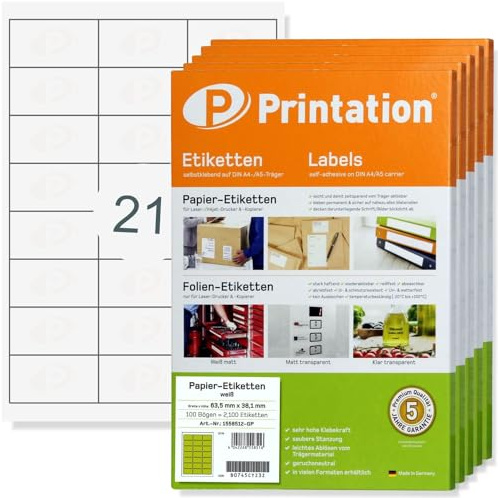 Printation 63,5 x 38,1 mm etiquetas de dirección para sobres C6-63,5x38,1 blancas permanentes adhesivas imprimibles en 500 hojas A4 3x7-21 etiquetas por hoja - esquinas redondeadas 4677 2414