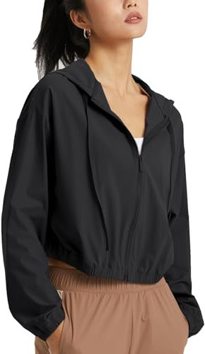 altiland Women's UPF 50+ Sun Protection Cropped Jackets Zip Up Cooling Shirt Athletic Workout Running Hoodie (S, Black)
