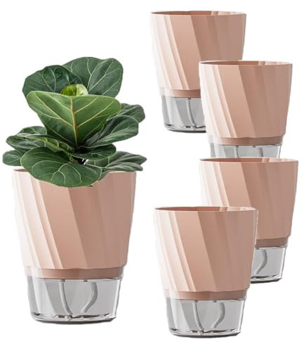 Aeetial 15cm Self Watering Planter Plastic: Small Planter Indoor/Outdoor Flower Plant Pot Table and Window Box 5Pack (Pink)