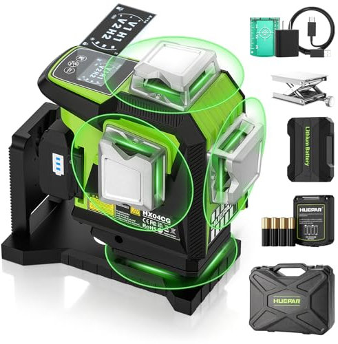 Huepar Nivel Láser Autonivelante de 16 Líneas, 4 x 360° Verde Herramientas Láser Con Pantalla LCD y Modo de Pulso, Sensor Automático y Ajuste de Brillo - Base Magnética, Caja de Soporte-HX04CG