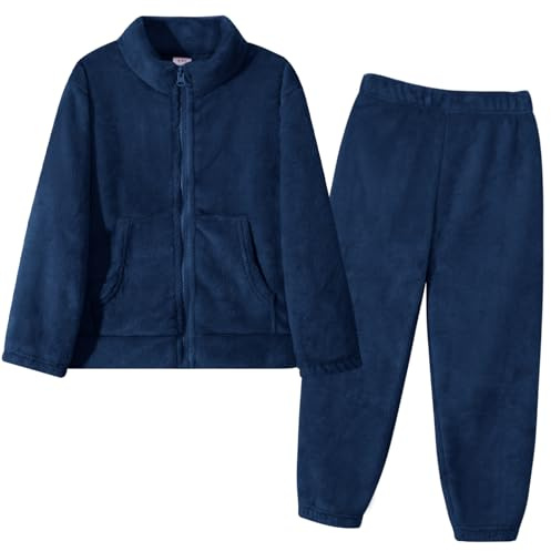 Valcatch Girls Boys Flannel Tracksuit, Kids Fall Winter Fuzzy Sweatsuit, Soft Warm Plush Fleece Clothes Sets, 2 Piece Outfit Zip Up Mock Neck Sweatshirt Jacket+Jogger Pants, Navy Blue,7-8Years