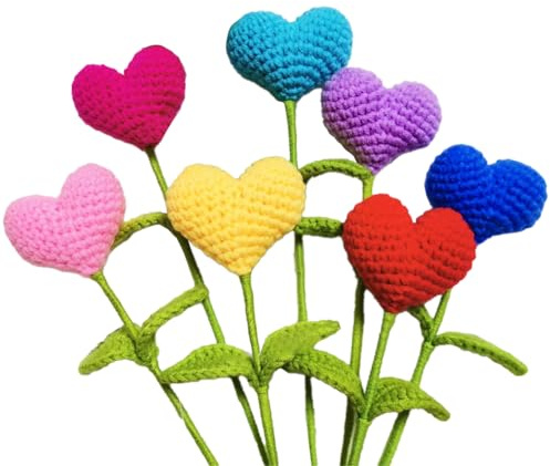 Magicherry Bouquet di 7 fiori all'uncinetto completato a maglia con cuori artificiali, filato di lana colorato, per composizioni floreali, bouquet artigianali, decorazioni per matrimoni, multicolore