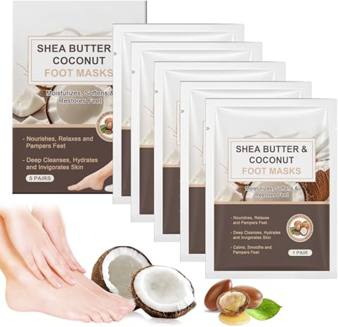 5 Pairs Shea Butter & Coconut Foot Peel Mask - Foot Peel Mask for Hard Skin - Deep Moisturising Socks - Repair Cracked Heels & Remove Dead Skin - Relaxes Foot Care Foot Masks Socks