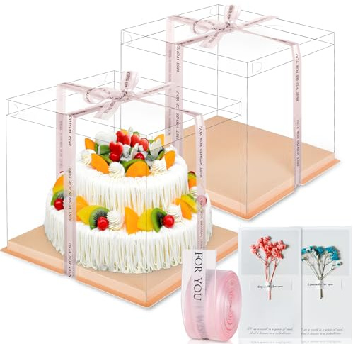 LONHCHI 2 cajas para tartas (30 x 30 x 25 cm), cajas de cartón para tartas, cajas de transporte, cajas transparentes con base y flores eternas para cumpleaños, postres