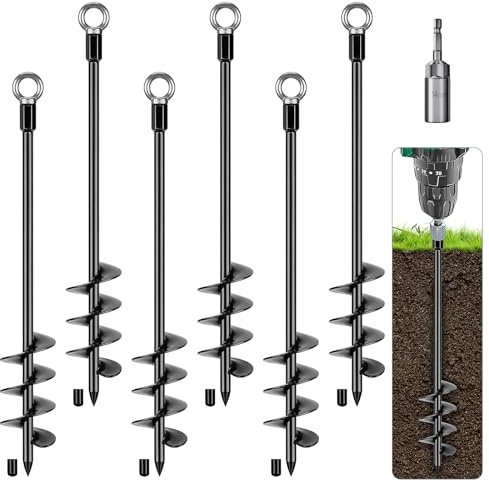 Benelabel Ancrages de Sol, 61cm Piquet Ancrage Piquet de Trampoline à Visser 6pcs Pointes TempêTe MéTal pour BalançOire/Camping/Abri/Chien/Abri Jardin avec Anneau Fixe Sac Rangement, Noir