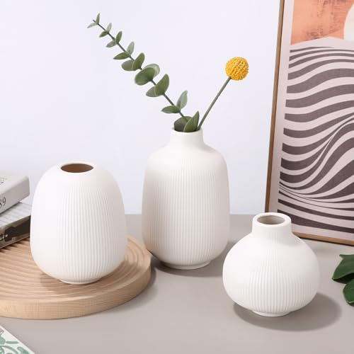 Jarrones Decorativos 3PCS, Decoracion Hogar Modernos para Decorar la Mesa con Ramos de Flores Frescas o Secas, Jarron Decorativos de Cerámica para Estanterías, Dormitorios, Baños y Casas Campo