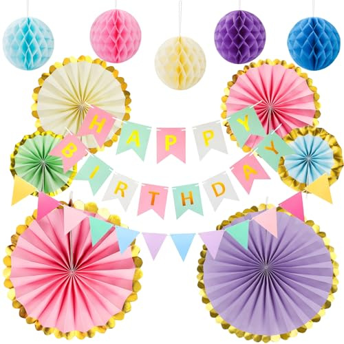 ANBOWEI Decoracion Cumpleaños Reutilizable, Macaron Happy Birthday Decoracion para Fiestas Niña Mujer con Guirnalda de Feliz Cumpleaños, Banderines, Bolas de Panal, Abanicos de Papel