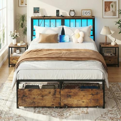 IRONCK Bett 120x200 mit Stauraum, Bettgestell 120x200 mit LED-Beleuchtung & Ladestation, Jugendbett mit Lattenrost aus Metall und 2 Schubladen, Einzelbett, Metallbett mit Kopfteil