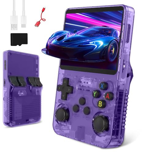 WDKXCN R36s Handheld Game Console, 3.5 In Screen Linux System Retro Games Console Handheld, R36s Game Console with 64G TF Card, 3500 mAh Portable Games Console Built-in 15000+ Classic Game(Purple)