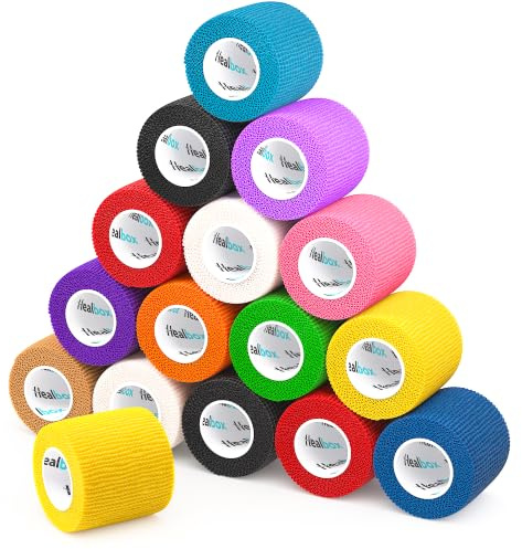 Healbox Venda Cohesiva 5 cm x 4,5 m en Colores Surtidos – Caja de 16 para Cinta para Medias de Fútbol, Venda Veterinaria y Cinta para Empuñadura
