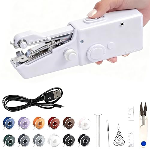Handheld Sewing Machine, Mini Portable Stitch Tool for Beginners and Home Use, Lightweight and Easy to Operate, Quick Repairs for Clothes,Fabrics, Kids’ Wear and Pet Outfits, Travel Sewing Kit (White)