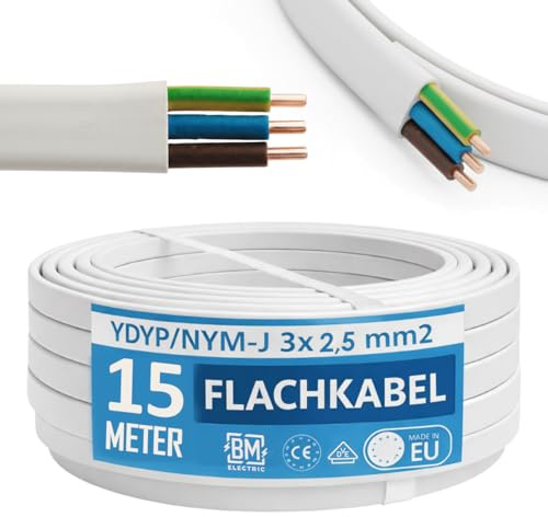 NYM kabel 3 x 2,5 mm² YDYp – strömkabel 3-polig 2,5 mm², platt kabel 15 m, 11 x 6 mm, fönstergenomföring, våtrumskabel, massiv kopparledare, 300/500 V