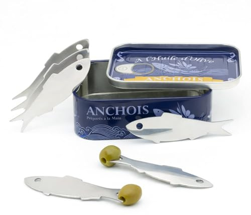 CKB LTD Juego de 6 tenedores de anchoas en lata – Juego de 6 tenedores de pescado de anchoas de acero inoxidable para tapas, aceitunas, escargot – Regalo retro de lata de anchoas – Púas de cóctel para