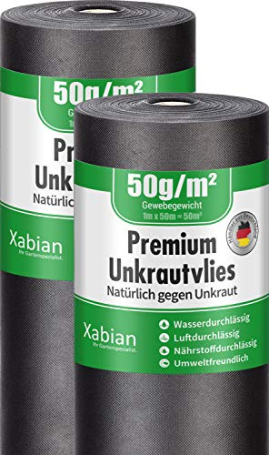 Xabian Anti Unkrautvlies 50g/m² Gartenvlies 2 Rollen 50m x 1m = 100m² | Unkrautfolie sehr hohe UV-Stabilisierung - reißfest und wasserdurchlässig