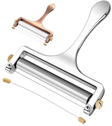 TOPULORS Edelstahl-Käseschneider mit Draht – Handlicher käsehobel für Mozzarella, Cheddar, Gruyère – inkl. 1 Ersatzdraht – Verstellbare Schnittdicke für Käseblöcke (Silber)