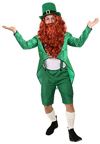 Adults Leprechaun Costume - Green Sequin Tailcoat, Green Trousers W/braces, White Shirt, Top Hat and Fake Beard/wig - Deluxe St Patricks Day Fancy Dress Costume (X-large)