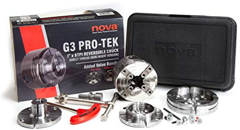 NOVA 48293 PREMIER PRO-TEK G3 CHUCK Bundle with 2 PRO-TEK Jaw Set, JSPIN 1 Pin Jaw Set, JS100N 4 Bowl Jaw Set, Woodworm Screw & Storage Case. 1x 8 TPI Only (Does Not Use Inserts)