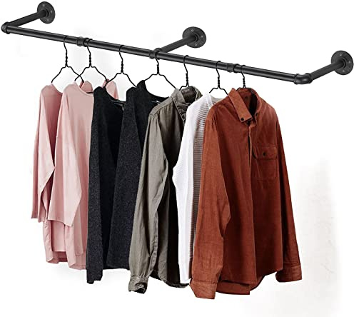 Varsoul Clothes Hanger Pole Wall Mount, 72 Heavy Duty Detachable Black Iron Garment Bar Hanging Rod Holder, Clothes Rail Shelf Wardrobe Organizer for Laundry Room & Closet Storage, 3 Base