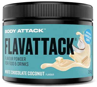 Body Attack Flavattack - White Choc Coconut - 250 g, nur 9 kcal/Portion - Intensives Flavour Pulver für Müsli, Rice Pudding, Haferflocken, Drinks etc. - Geschmackspulver ohne Palmöl, Aspartam, Gluten