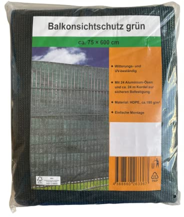 daniplus Balkonsichtschutz grün, 75x600 cm, 24 Aluminium-Ösen, Kordel, HDPE, Sonnenschutz, Sichtschutz